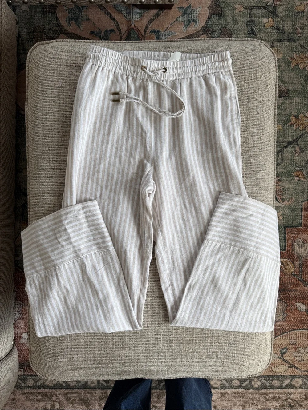 Beige Stripe Linen Blend Drawstring Lounge Pants Size M